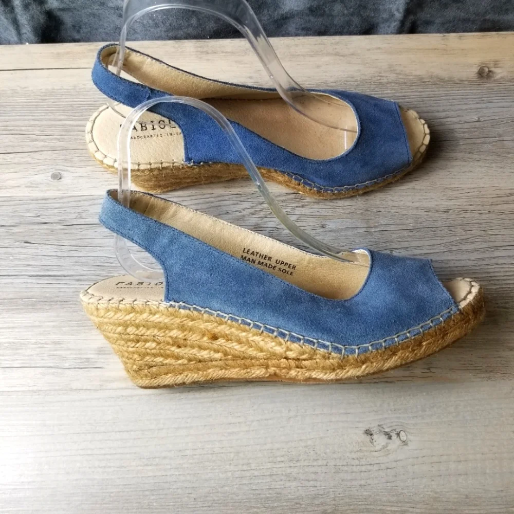 Fabiolas Blue Suede Leather Sling back Wedge Espadrille Sandal